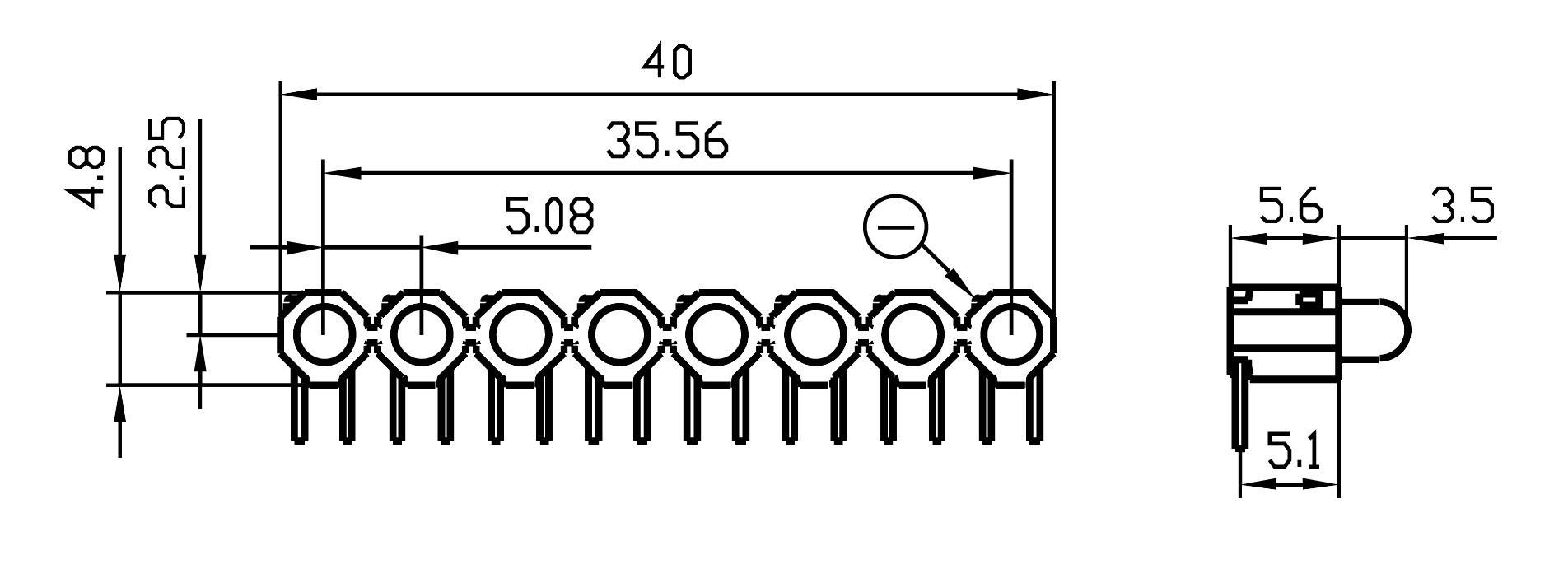 Technický výkres konektoru s rozměry: délka 40 mm, šířka 5,6 mm, výška 5,1 mm, rozteč kolíků 5,08 mm.
