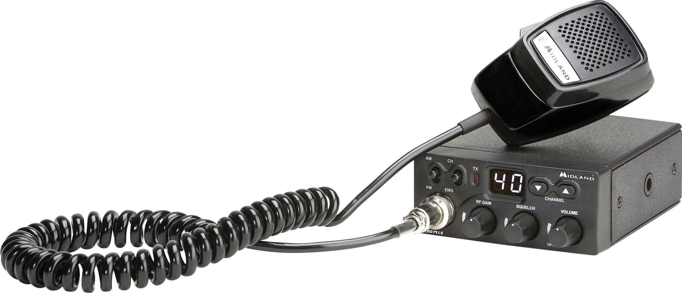 CB radiostanice s mikrofonem a digitálním displejem. Kanál 40 je aktivován. Zařízení má ovládací prvky pro hlasitost a výběr kanálu.
