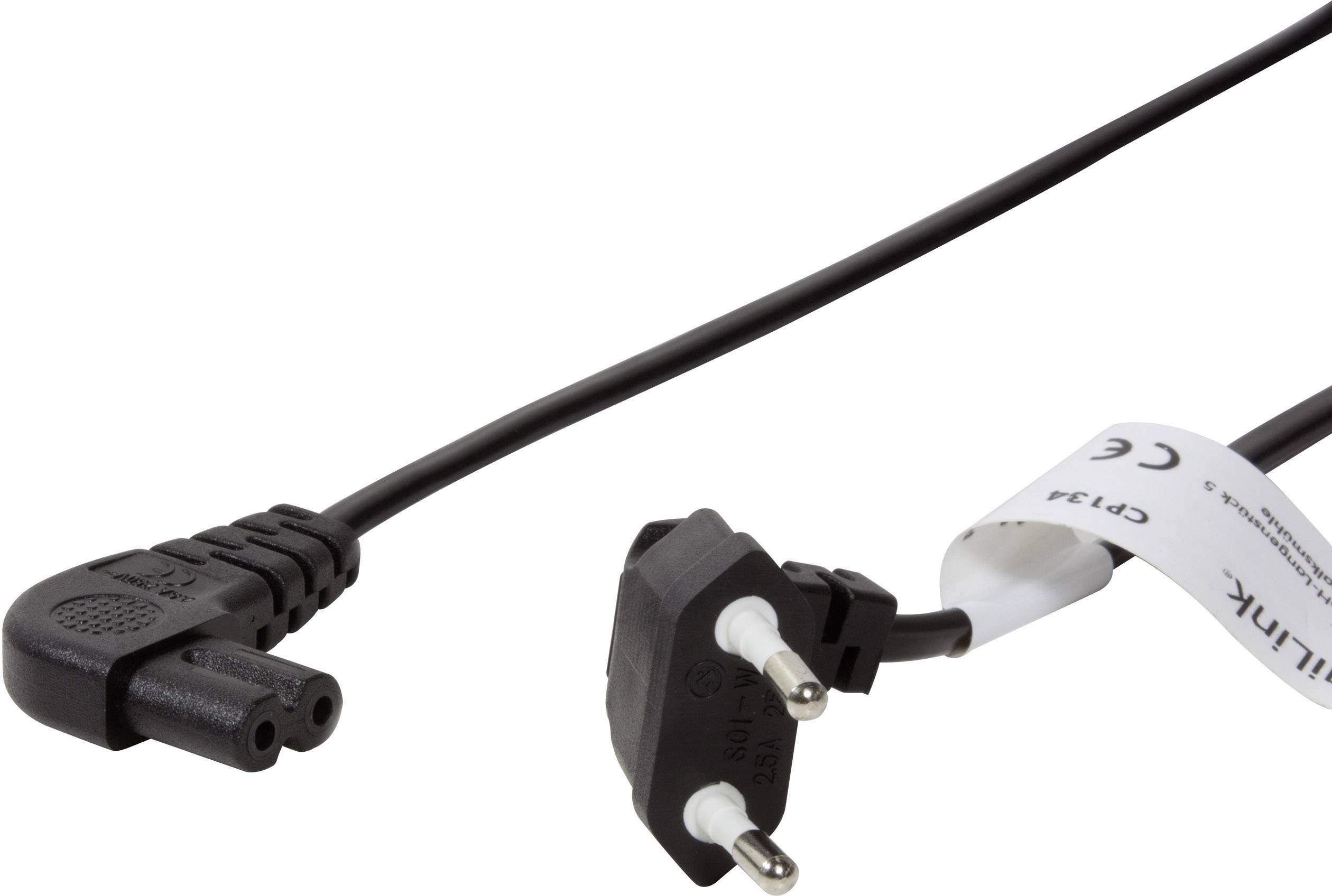 Evropský síťový kabel s dvoupólovým zástrčkovým konektorem a ochranným kontaktem, vhodný pro elektronická zařízení.