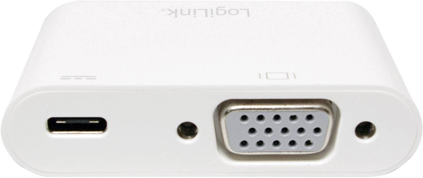 Bílý adaptér s USB-C konektorem vlevo a VGA konektorem vpravo, vhodný pro propojení zařízení s různými rozhraními.