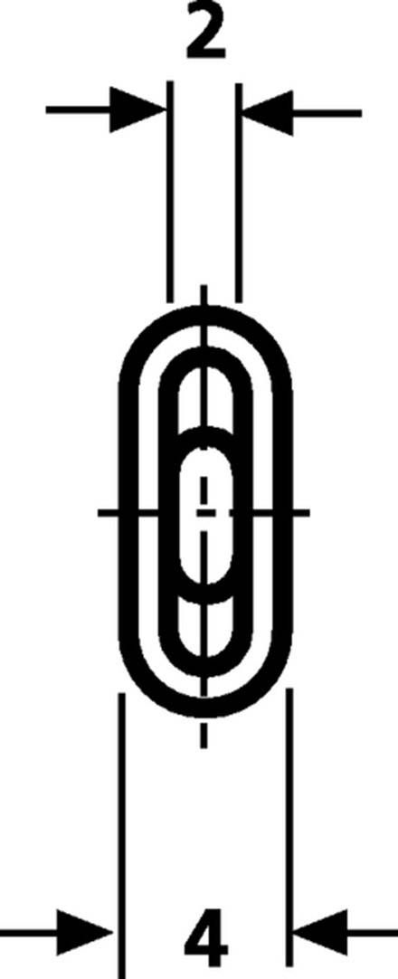 Technický výkres oválného článku s rozměry: délka 4, šířka 2. Zobrazuje tvar a rozměry pro připojení řetězu.