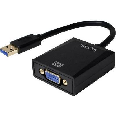 Černý adaptér s USB zástrčkou na jedné straně a VGA konektorem na straně druhé. Navržený pro video připojení.
