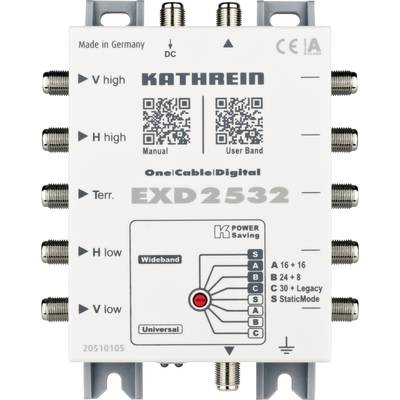 Multischalač EXD 2532 od Kathrein, s několika vstupy pro satelitní signály. Nahoře jsou značky pro vstup, dole pro výstup.