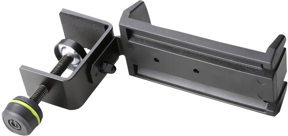 Černená kovová svorka se šroubovým mechanismem pro upevnění na povrchy. Na jednom konci má gumový disk pro stabilizaci.
