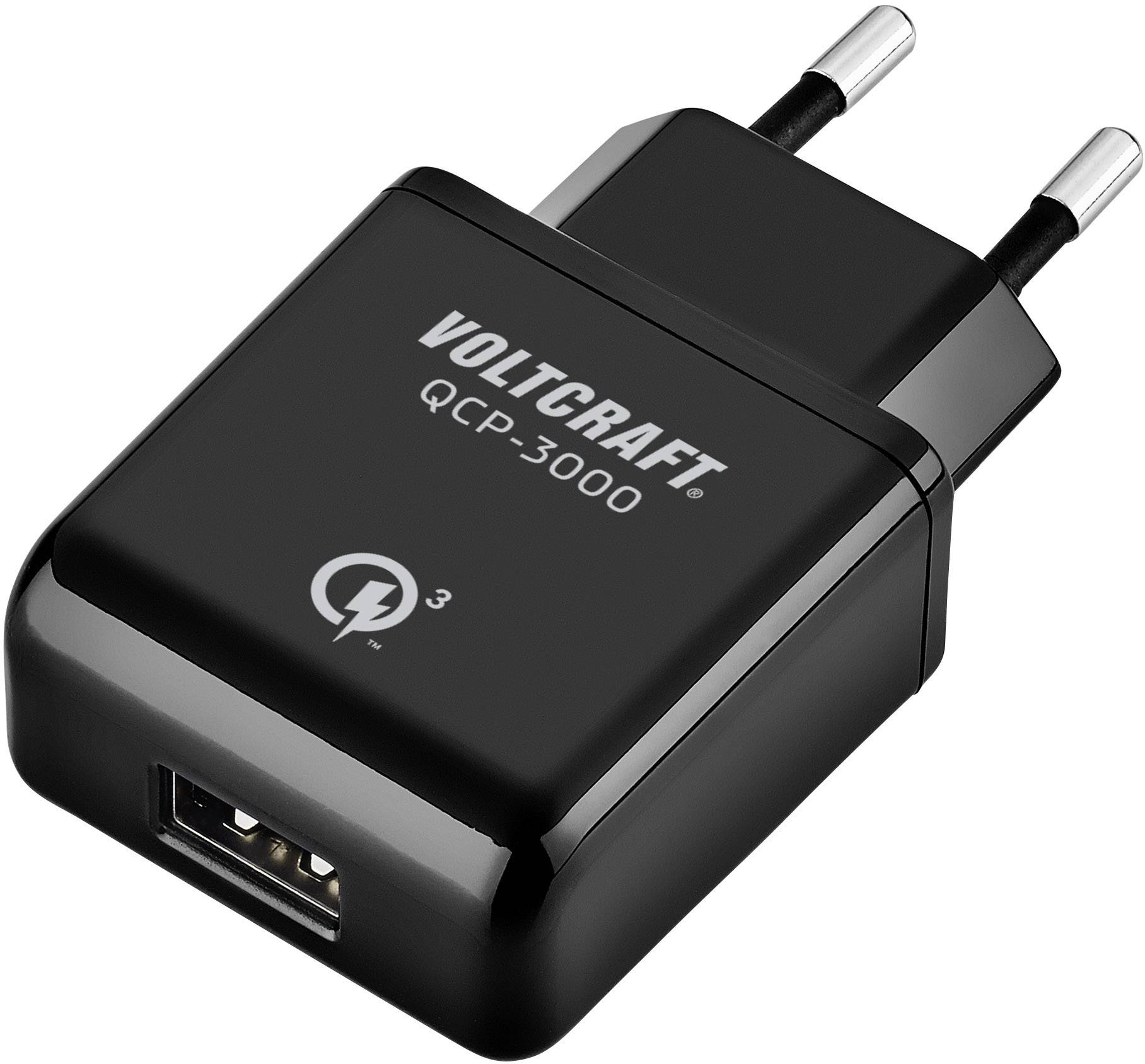 Černá nabíječka 'VOLTCRAFT QCP-3000' s USB portem a evropským typem zástrčky.