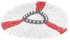 Bílá mopová hlava s červenými pruhy, vhodná pro úklidové práce, umístěná ve trojúhelníkovém držáku.