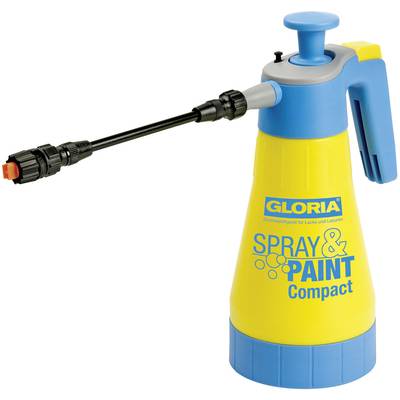 Žluté a modré ruční sprejové zařízení s nápisem 'Spray & Paint Compact', vhodné pro lakýrnické práce.