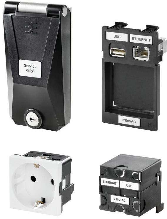 Čtyři zobrazené vestavné prvky pro rozváděče: jednotka údržby se zámkem, modul s USB a Ethernet porty, zásuvka, kombinovaná jednotka s přípojkami.