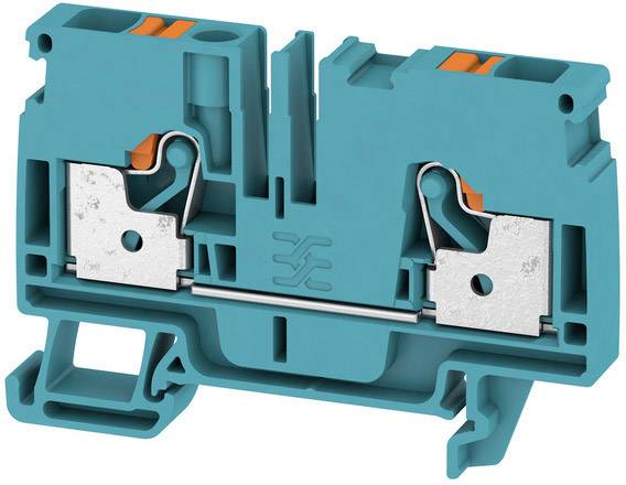Modrý elektrický svorkovnicový blok s oranžovými pákami, který se používá k bezpečnému propojování kabelů.