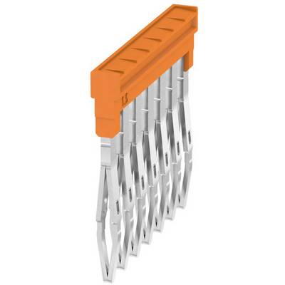 Oranžový konektor s několika stříbrnými kontaktními kolíky, pravděpodobně určený pro elektrické propojení.