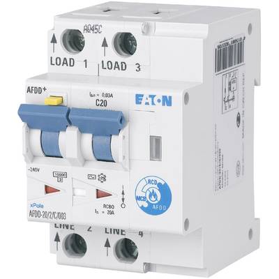 Elektrický ochranný spínač s modrým vypínačem a několika svorkami, označený štítkem 'Eaton' a technickými specifikacemi.
