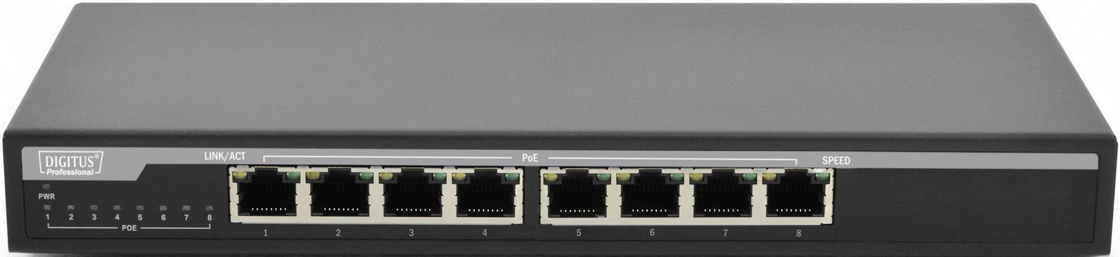 Černý síťový switch s osmi ethernetovými porty, z nichž čtyři jsou označeny jako 'PoE' (Power over Ethernet).