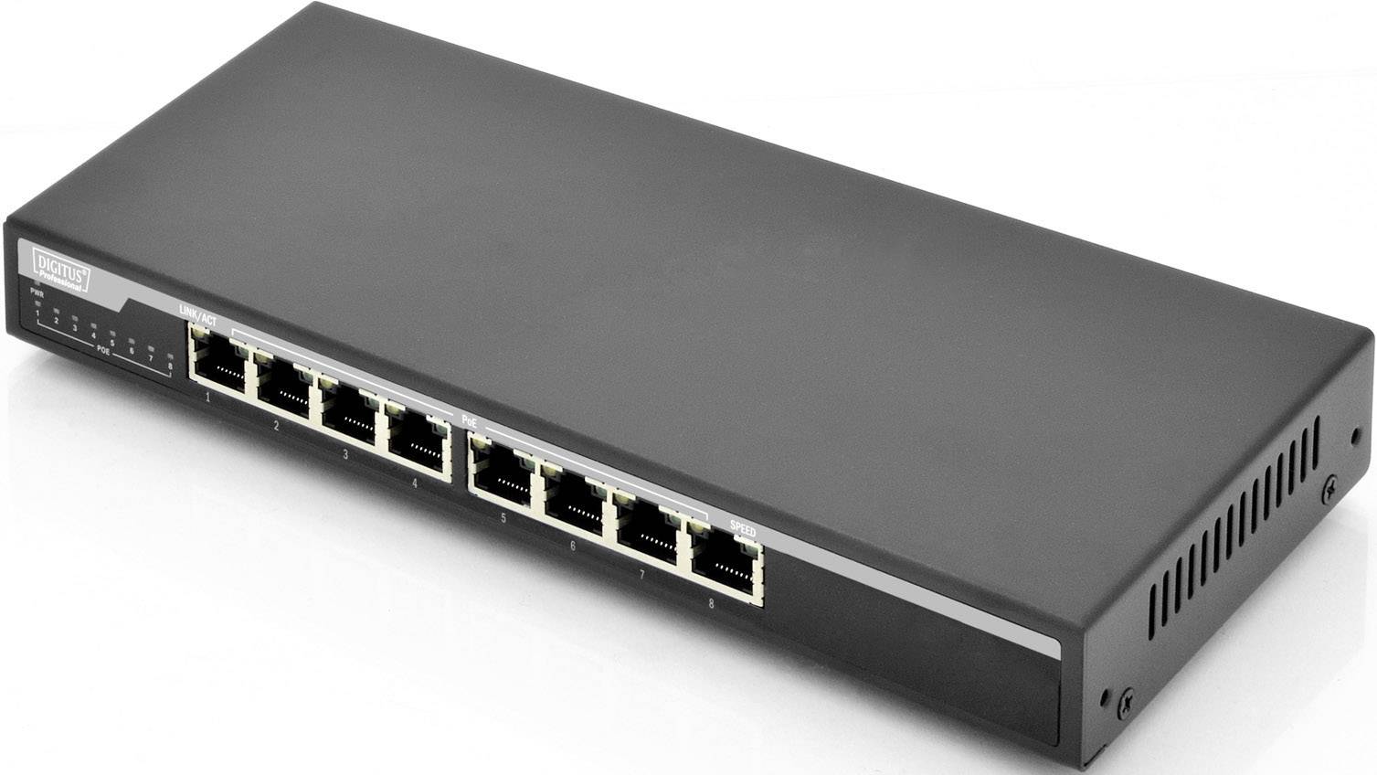 Černý síťový switch s osmi ethernetovými porty, vhodný pro připojení několika zařízení v místní síti.