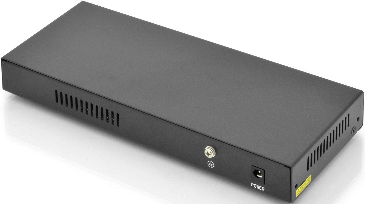 Obdélníkové černé elektronické zařízení s napájecím konektorem a větracími otvory.