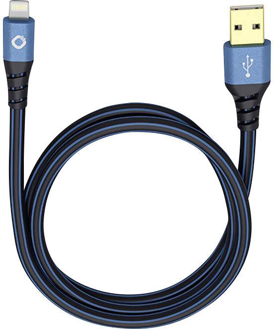 Modrý USB kabel s USB konektorem na jednom konci a Lightning konektorem na druhém konci, vhodný pro nabíjení.