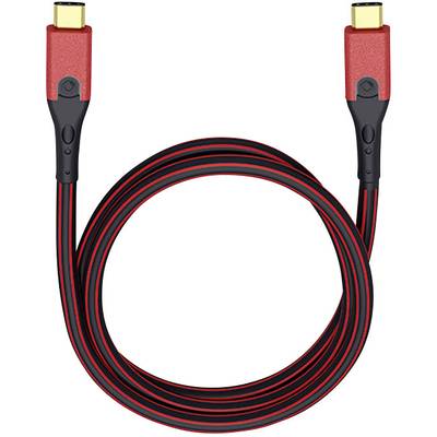 Červený USB kabel s černými akcenty a zlatými konektory, stočený do spirály.