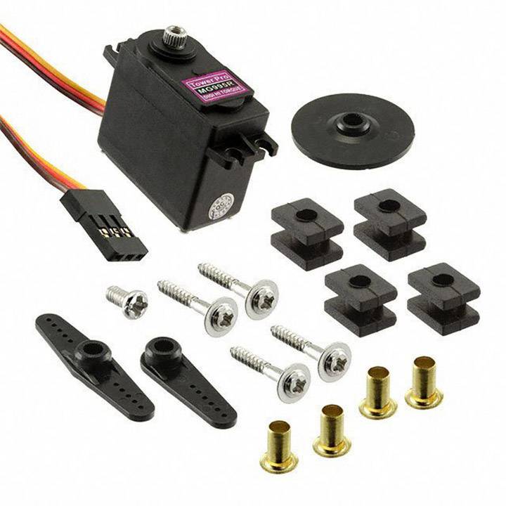 Servomotor s kabelem a příslušenstvím včetně šroubů, plastových ramen a upevňovacích dílů, umístěný na bílém pozadí.