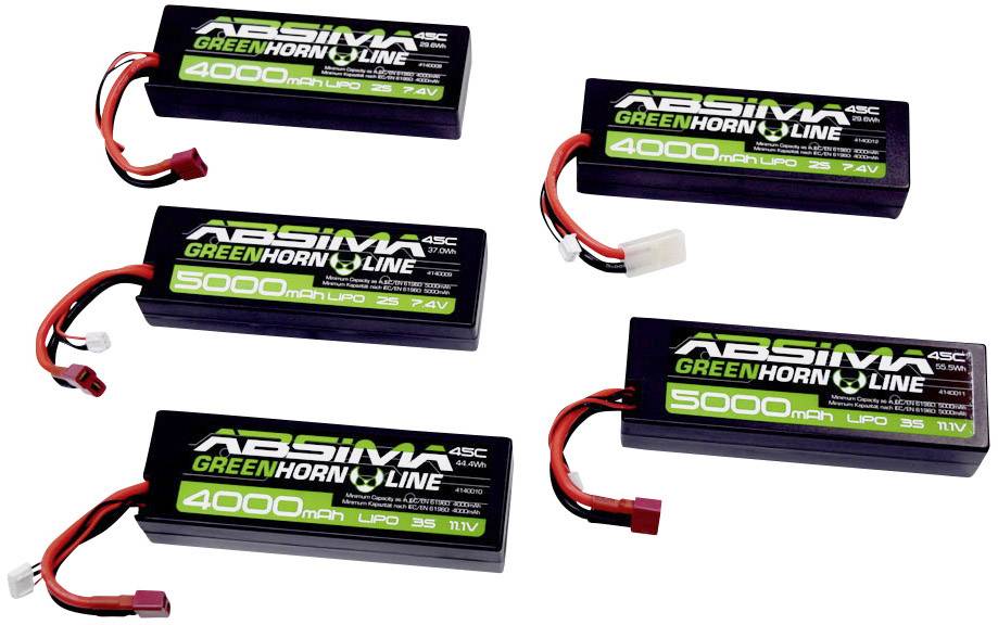 Obrázek pěti akumulátorů značky ABSIMA Greenhorn Line. Kapacity: dva s 4000mAh 7,4V, dva s 5000mAh 7,4V, jeden s 4000mAh 11,1V.