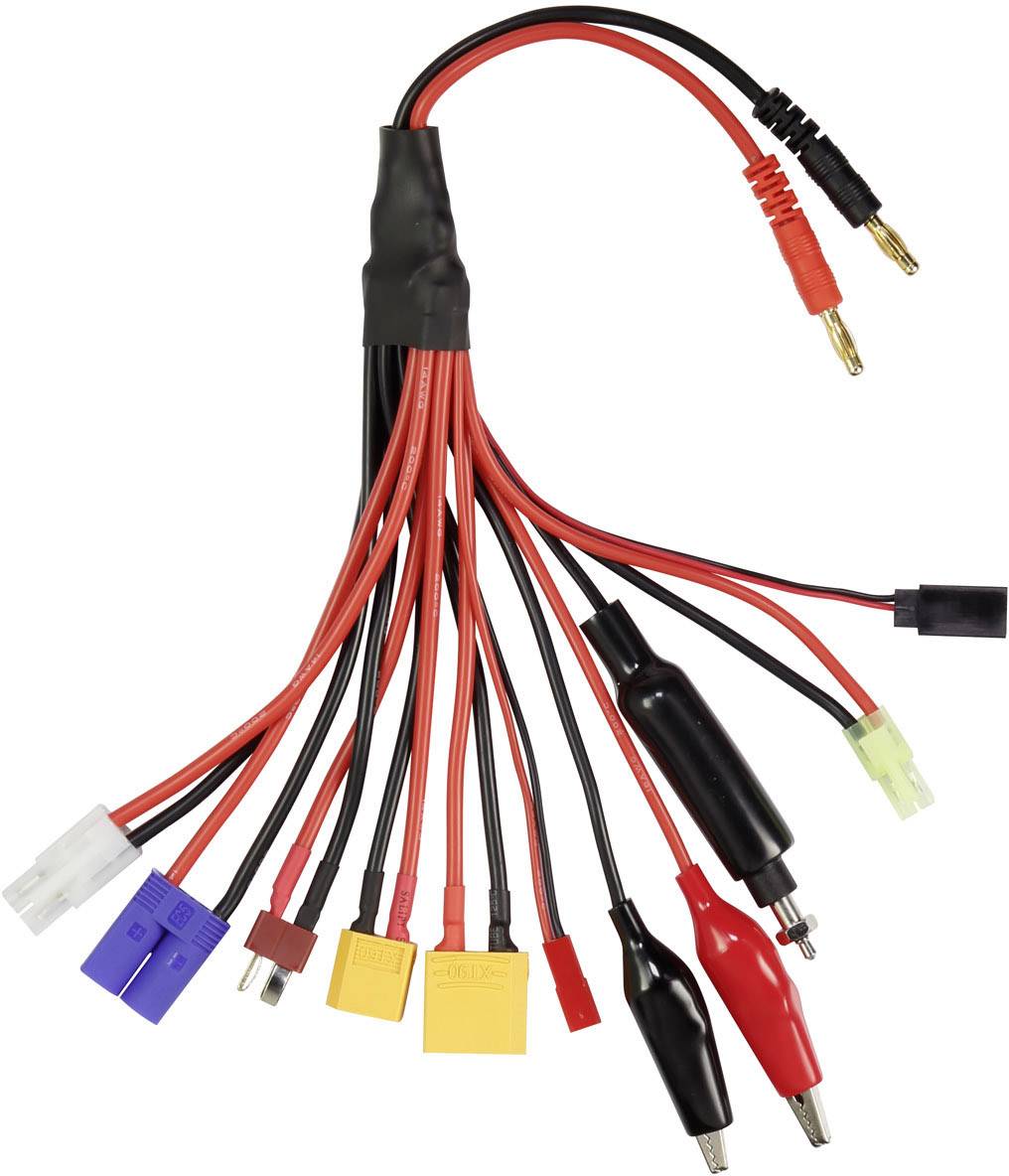 Kabelový svazek s různými konektory v červené a černé barvě, včetně krokosvorek a elektrických konektorů pro elektrozařízení.