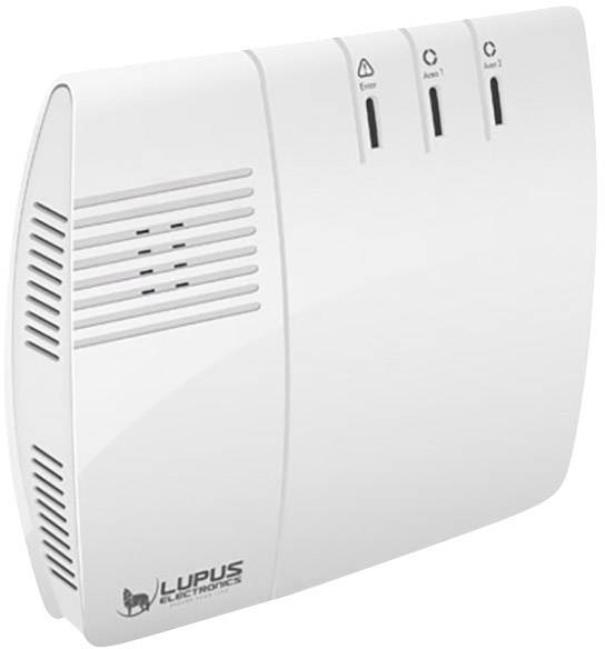 Bílé elektronické zařízení pro monitorování se třemi LED indikátory a větracími otvory od značky LUPUS.