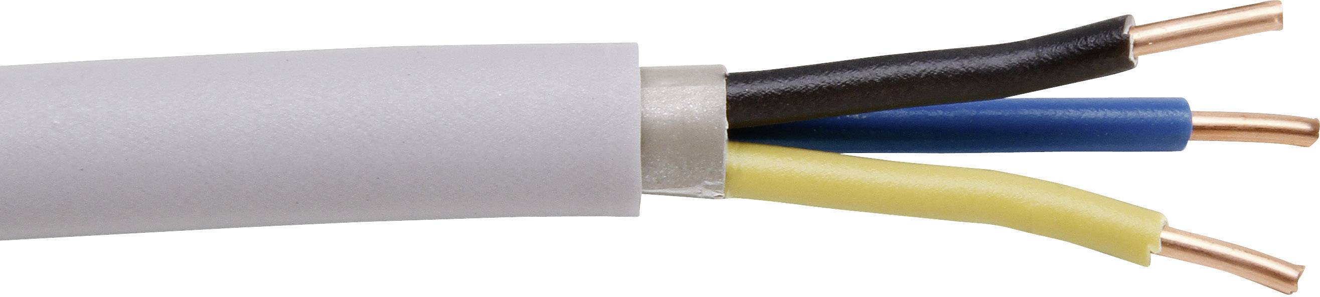 Elektrický kabel se třemi izolovanými vodiči: černý, modrý a žluto-zelený.