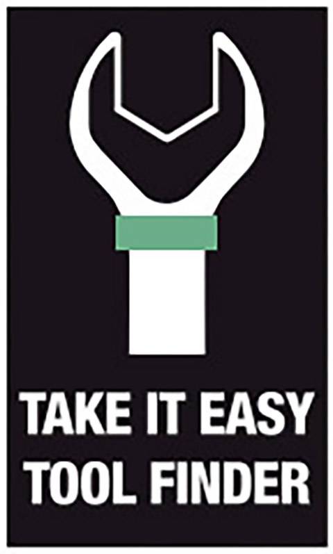 Nástroj 'Take It Easy Tool Finder' bílý klíč na černém pozadí, zelená páska na rukojeti.