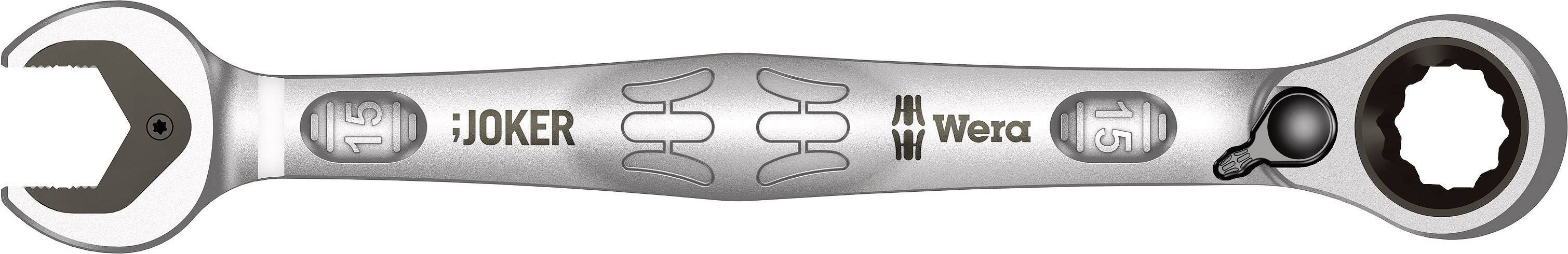 Oboustranný klíč s ráčnou, značky 'Joker', zobrazuje velikostní značení 15 a 16 a design ozubeného kola uprostřed.