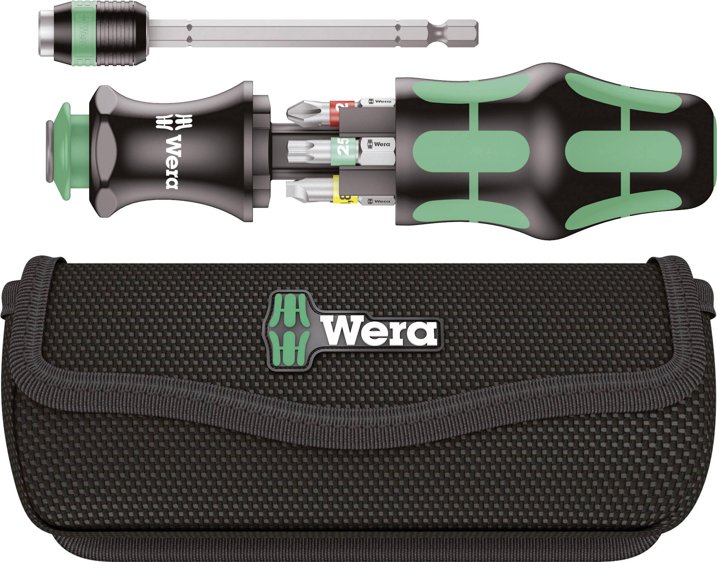Sada šroubováků 'Wera' s ergonomickou rukojetí, vyměnitelnými noži a textilním pouzdrem, ideální pro přesnou práci. Obsahuje barevně rozlišené bity.