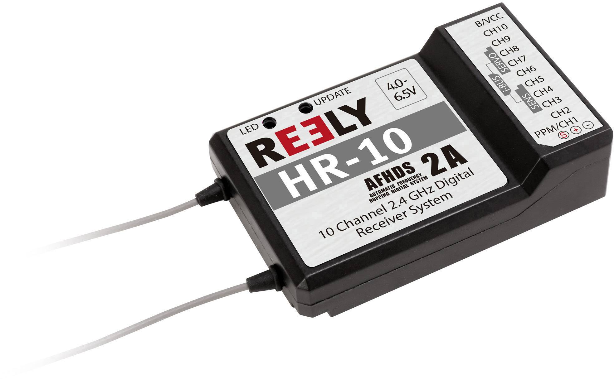 'Reely HR-10' 10kanálový 2,4GHz přijímač. Zobrazení pouzdra s popisky a kanály. Napětí: 4,0–6,5V, systém AFHDS 2A.