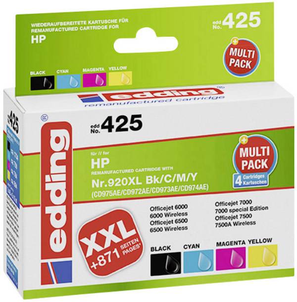 Edding Ink náhradní HP 920, 920XL kompatibilní kombinované balení černá, azurová, purppurová, žlutá  18-425