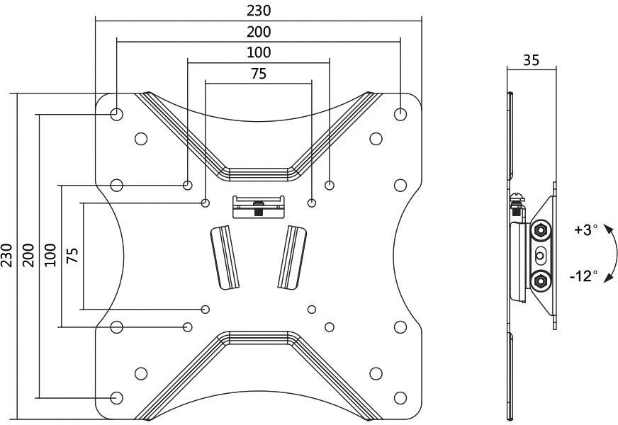 Technický výkres universálního držáku monitoru s rozměry: 230x200 mm, hloubka 35 mm. Naklápění nastavitelné v rozsahu +3° až -12°.