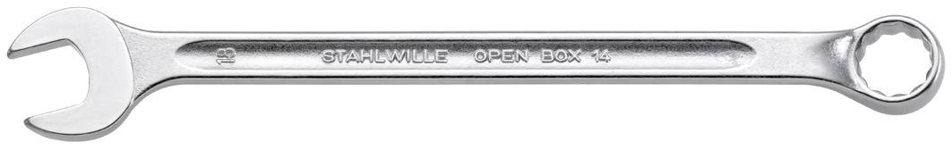 Stříbrný oboustranný klíč s otevřenou a kruhovou stranou, označený nápisem 'STAHLWILLE OPEN BOX 14'.