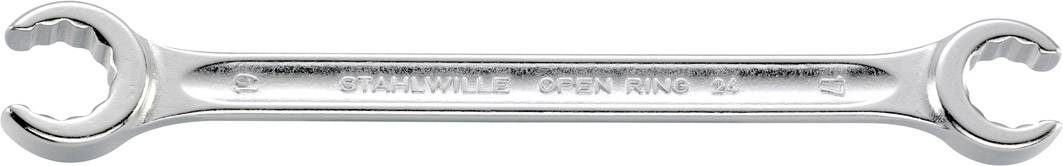 Klíč s nápisem 'STAHLWILLE OPEN-RING 21'. Stříbrné barvy, zobrazuje oba konce s otevřenými kroužkovými hlavami.