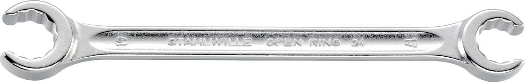 Chromvanadiumocelový klíč s označeným držadlem 'STAHLWILLE OPEN RING 24'. Vhodný pro povolování nebo utahování matic.