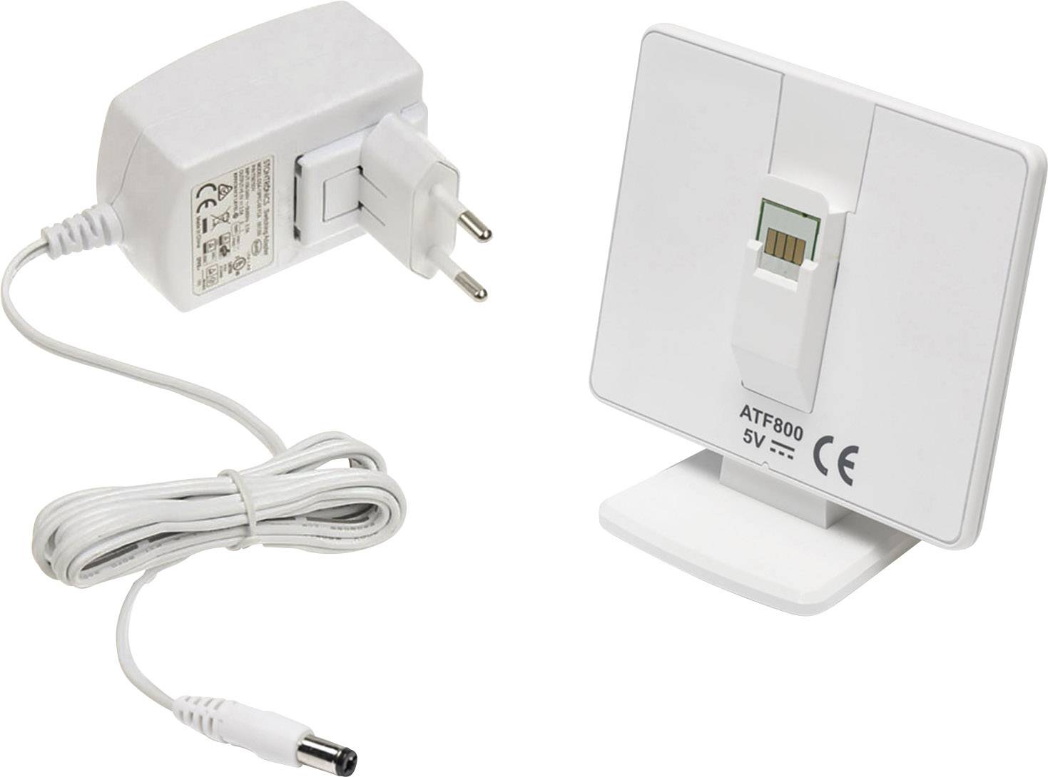 Napájecí zdroj s kabelem a zástrčkou, vedle něj bílý elektronický modul s konektorem a nápisem 'ATF800 5V'.