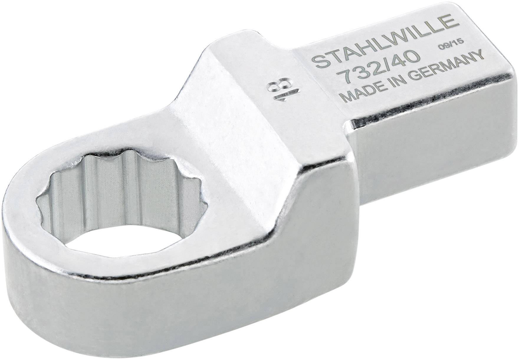Nástrčný klíč s nápisem Stahlwille, model 732/40, vyrobený z oceli, vyrobený v Německu, zobrazující otvor pro šrouby.