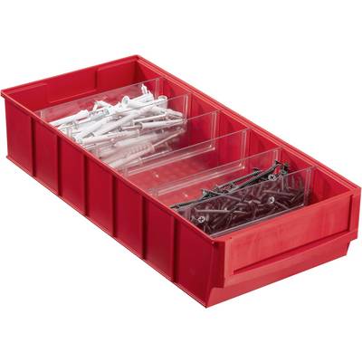 Červený úložný box s několika přihrádkami, který je naplněn bílými hmoždinkami a stříbrnými šrouby.