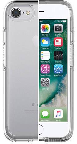 Průhledný mobilní kryt ukazuje přední a zadní pohled na iPhone s ikonami aplikací na displeji.