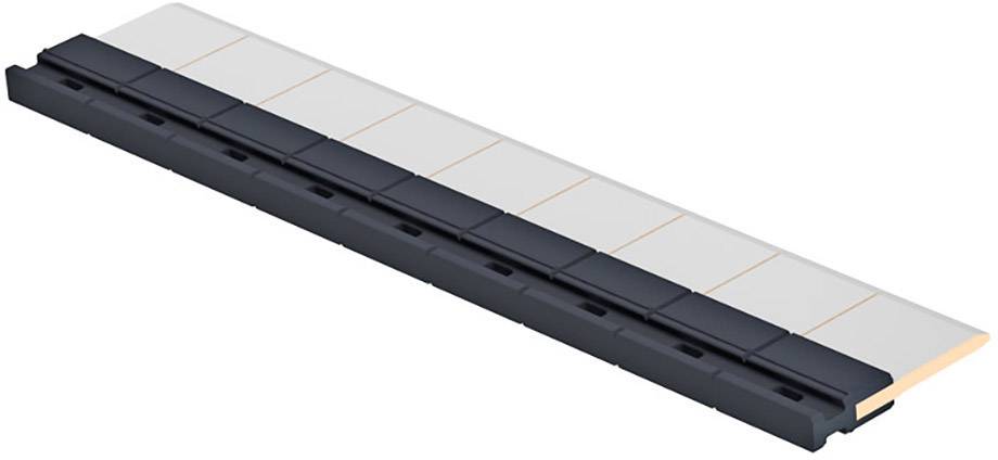 Dlouhý, úzký černý mechanismus se západkovým zapínáním s bílými dlaždičkami, vhodný pro modulární aplikace nebo stavebnice.