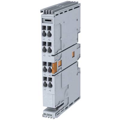 Šedý elektronický modul s vertikální montáží, vybavený několika konektory a oranžovými svorkami, určený pro průmyslové aplikace.