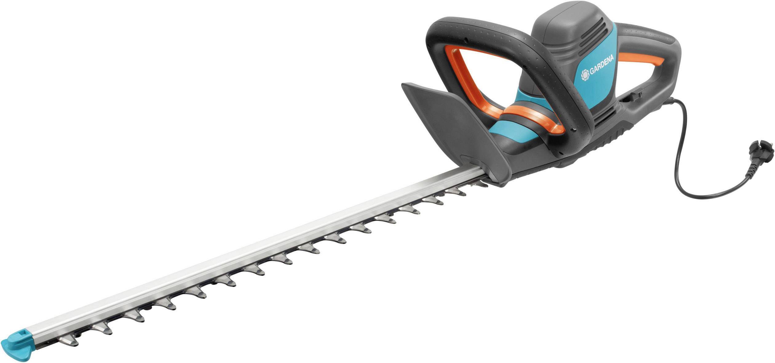 Elektrické plotové nůžky s dlouhým, zubatým lištovým břitem a ergonomickou rukojetí, vhodné pro stříhání živých plotů.