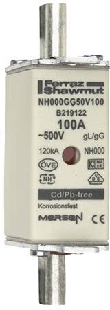 Pojistka NH000GG50V100 od Mersenu, 100A, 500V, bez kadmia a olova, korozivzdorná, s různými certifikacemi.
