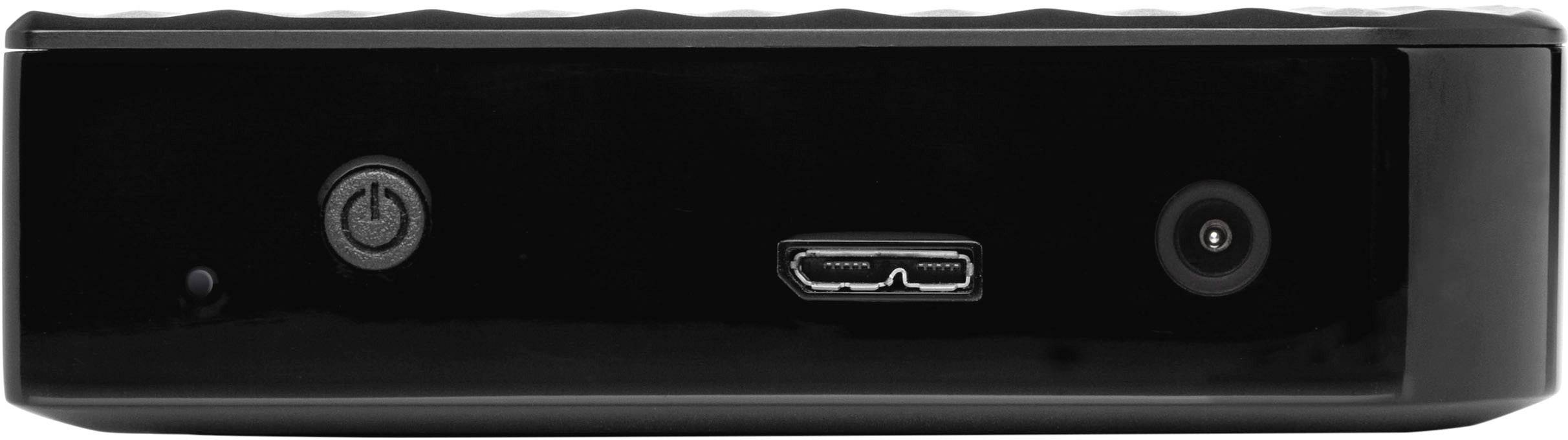 Přední strana externí pevné ho disku s USB připojením a dvěma tlačítky, obklopená černým krytem.