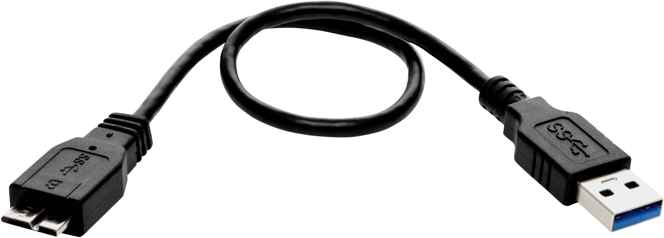 Černý USB 3.0 kabel s modrými koncovkami. Má konektor typu A a konektor typu B, vhodný pro přenos dat.