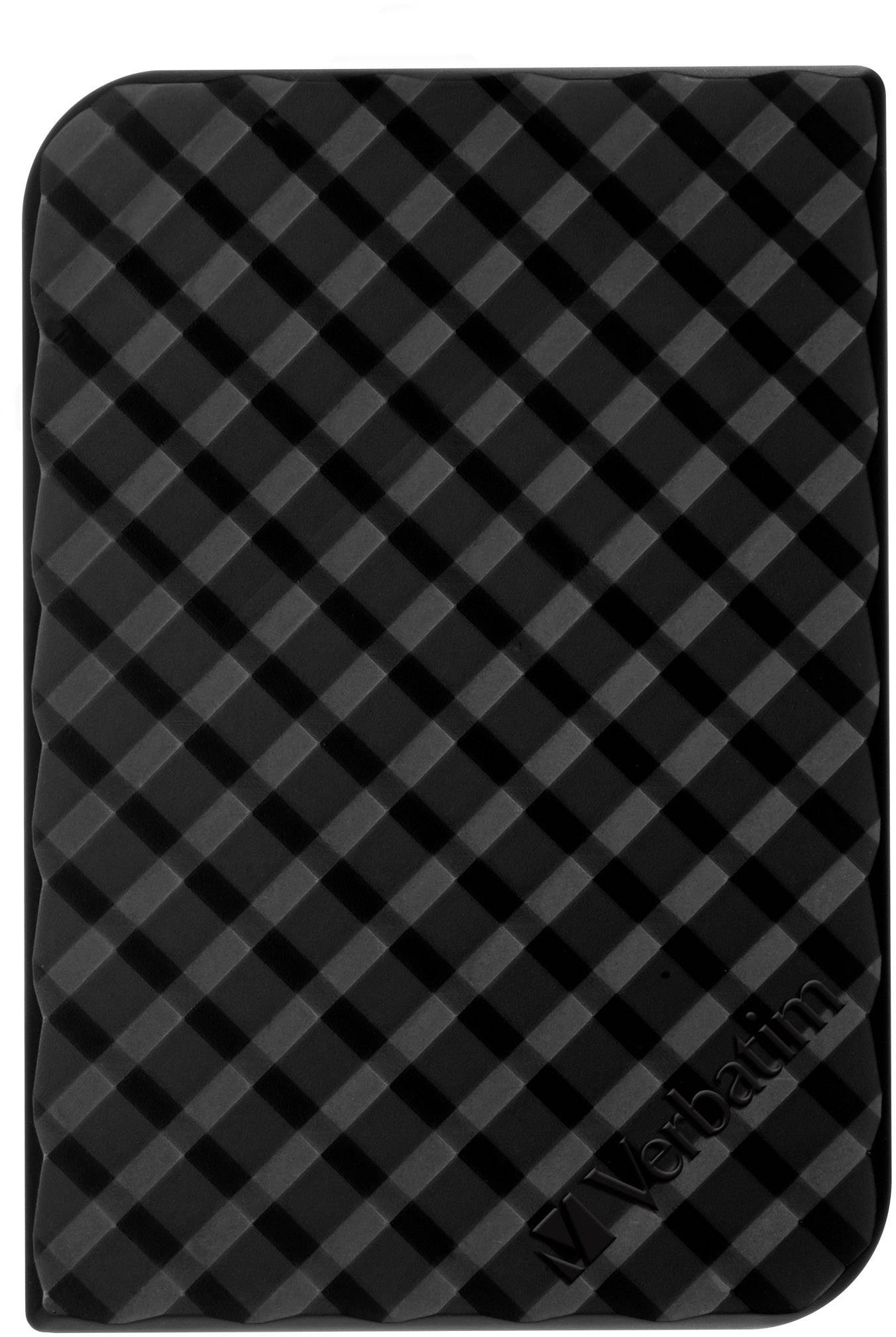 Černý externí hard disk s geometrickým vzorem. Nápis 'Verbatim' v dolním rohu.
