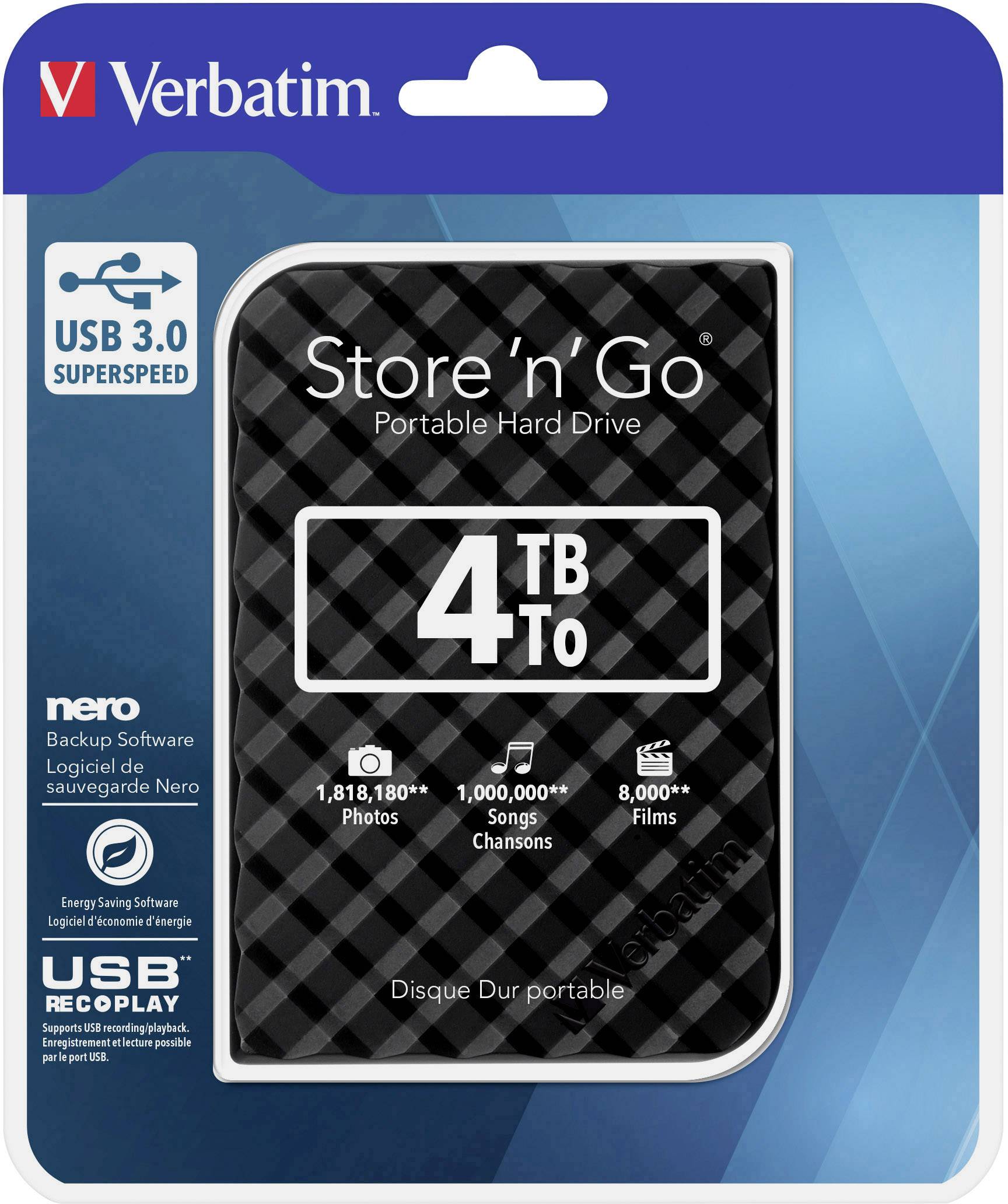 Externí pevný disk 'Store 'n' Go' od Verbatimu s 4 TB úložným prostorem. Obal ukazuje kompatibilitu s USB 3.0 a obsahuje zálohovací software Nero.
