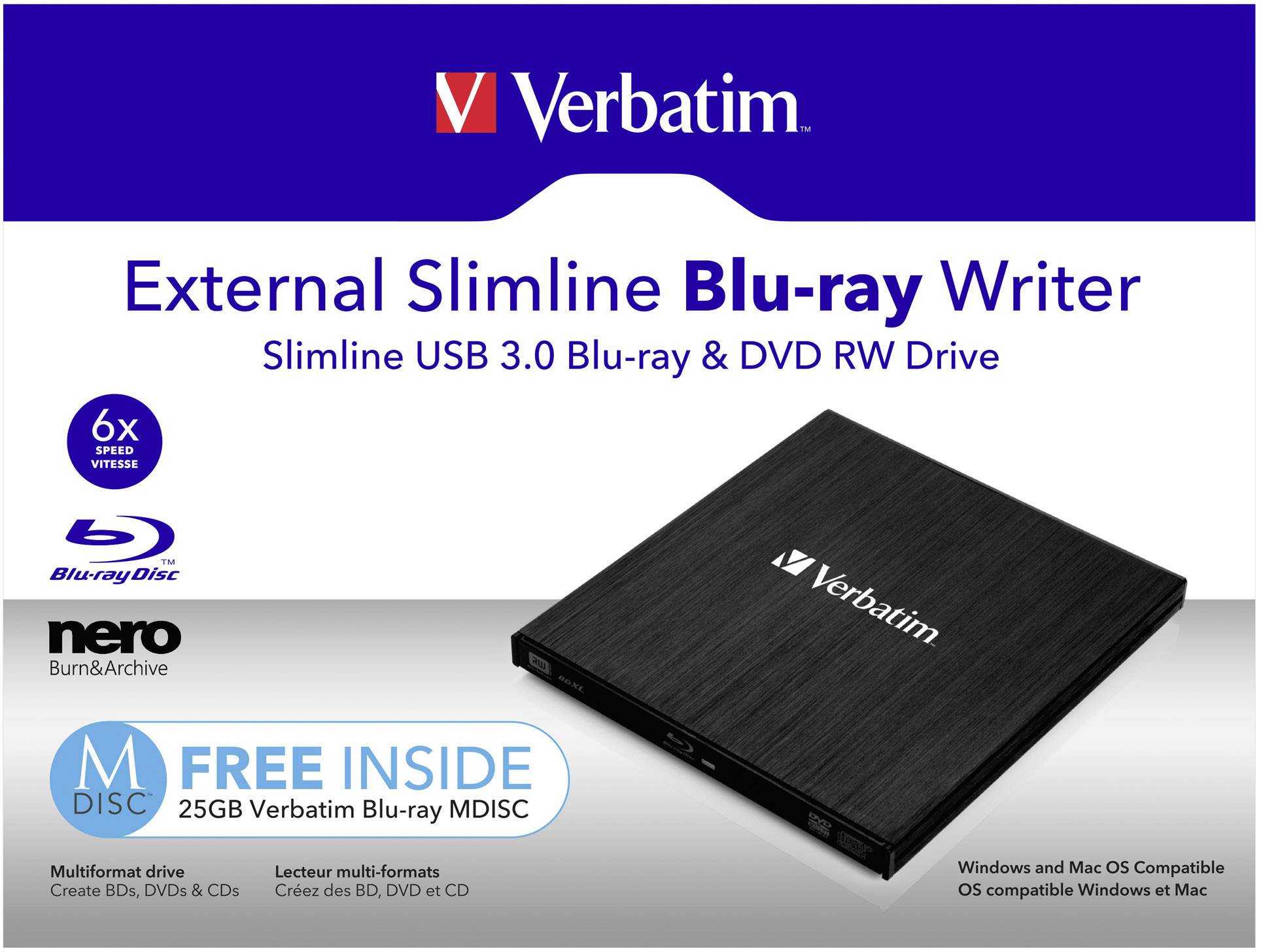 Externí Slim Blu-ray vypalovačka od Verbatimu. USB 3.0, podporuje Blu-ray a DVD. Včetně 25GB MDisc Blu-ray. Kompatibilní s Windows a Mac.