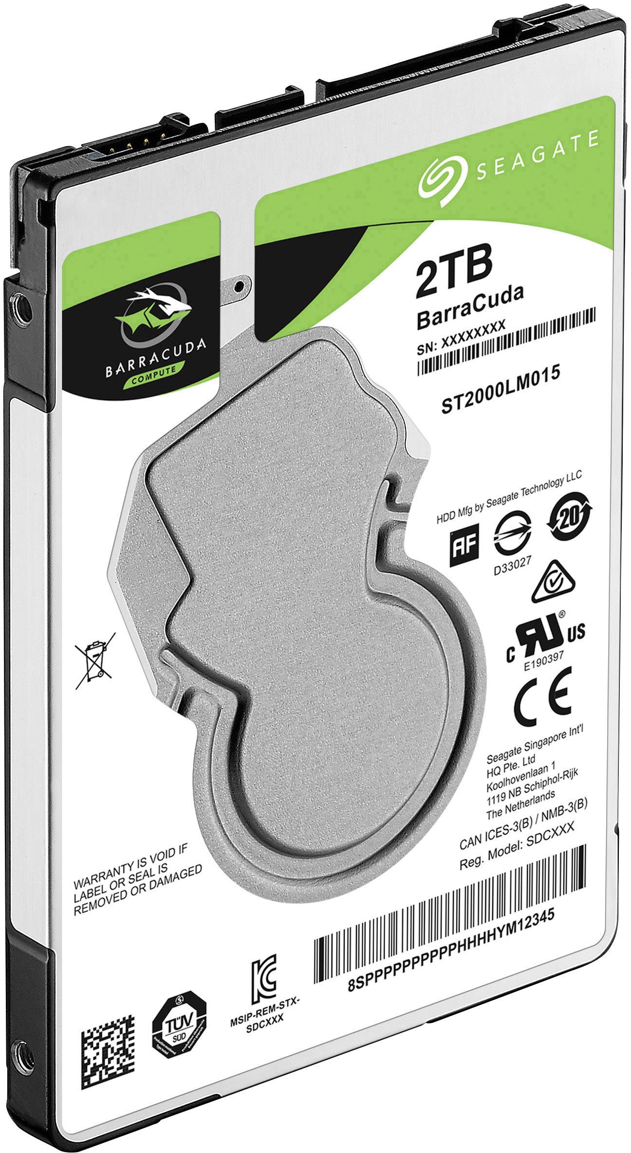 Pevný disk o kapacitě 2 TB od společnosti Seagate. Model 'BarraCuda', vhodný pro ukládání dat v počítačích, s vytištěnými specifikacemi.
