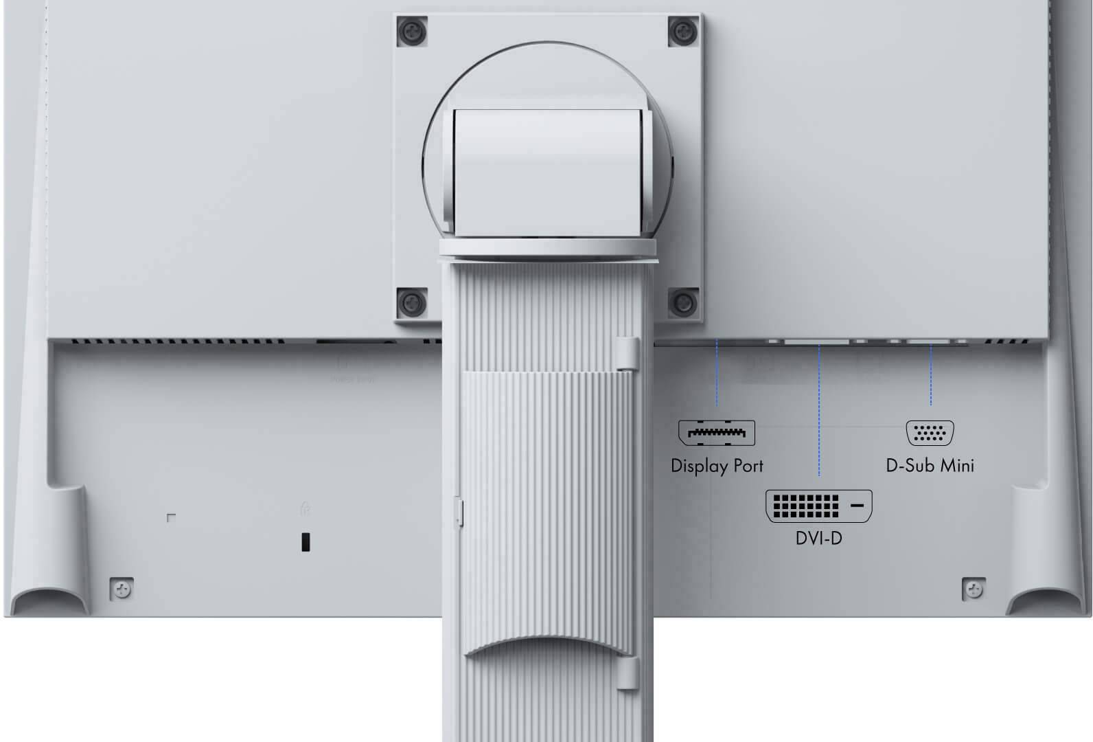 Zadní pohled na monitor s konektory: DisplayPort, D-Sub Mini, DVI-D.