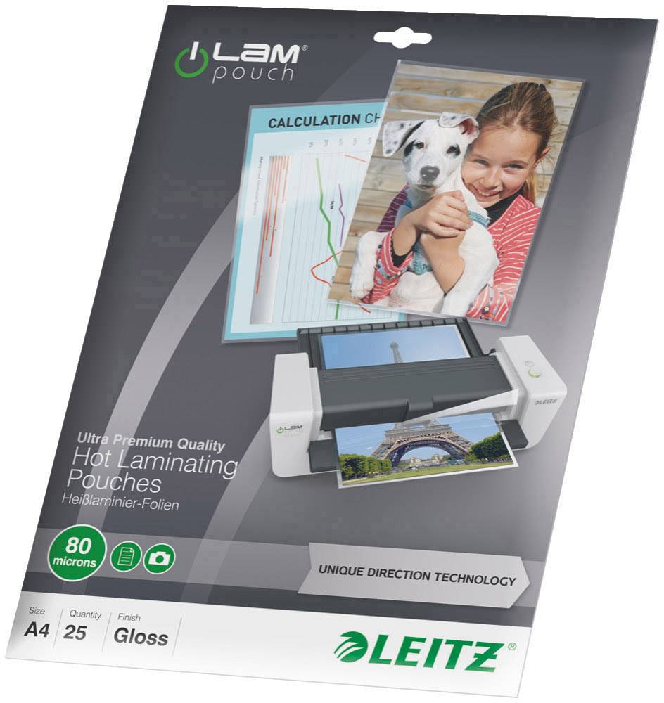 'Laminovací fólie LEITZ pro dokumenty formátu A4, tloušťka 80 mikrometrů, lesklé. Ideální pro fotografie a certifikáty. 25 kusů v balení.'